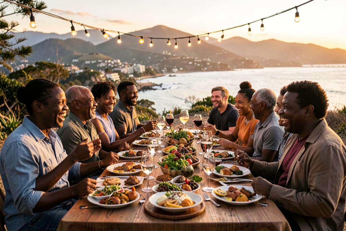 Travelers sharing a long outdoor dinner overlooking the Cape coastline