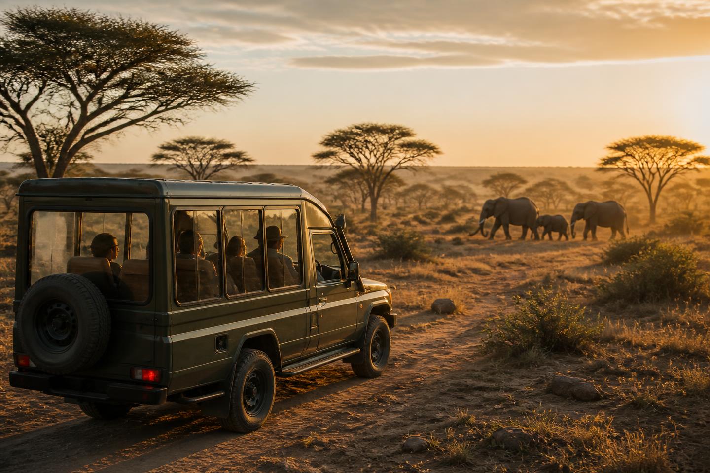 A safari vehicle on a bushveld track at sunrise with elephants in the distance